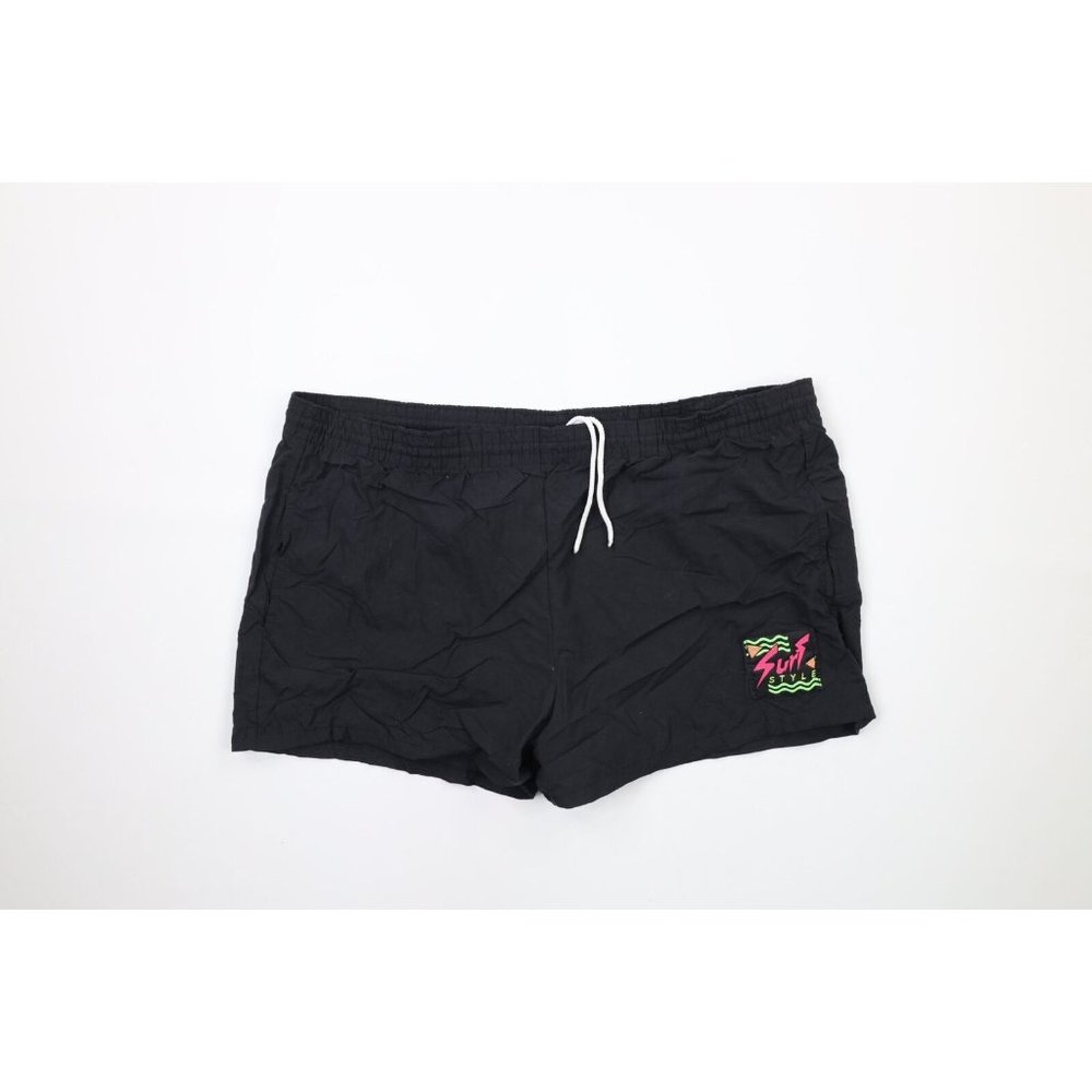Vintage 90s Surf Style Large Spell Out Lined Above Knee Shorts Swim Trunks USA
